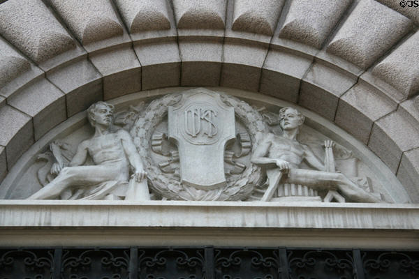 U.S. Mint shield & symbols over facade window. Denver, CO.