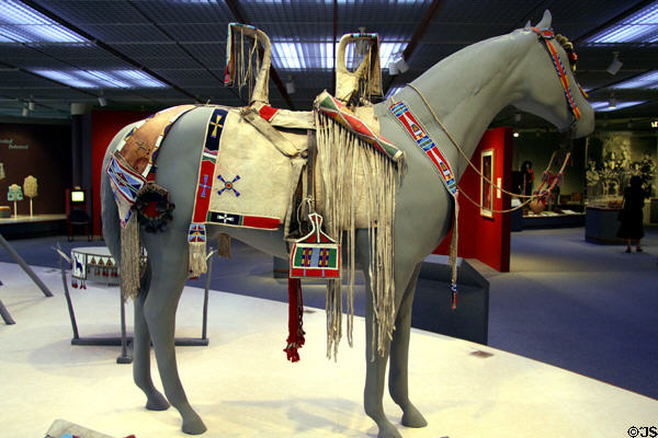 Crow decorated horse saddle, blanket & cases (1890s) at Denver Art Museum. Denver, CO.