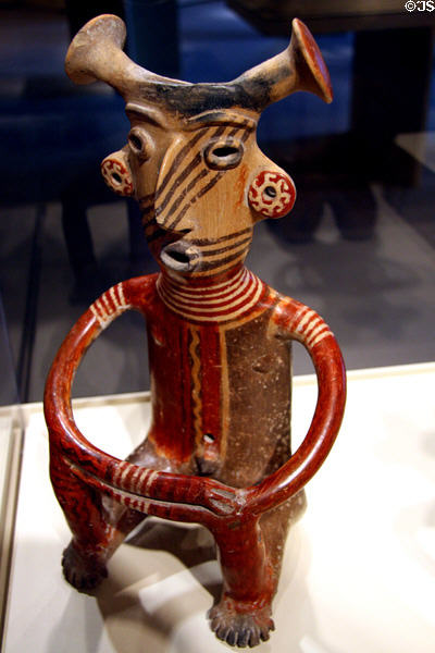 Zacatecas-style seated man (c300 BCE - 200) from near Jalisco, Mexico at Denver Art Museum. Denver, CO.