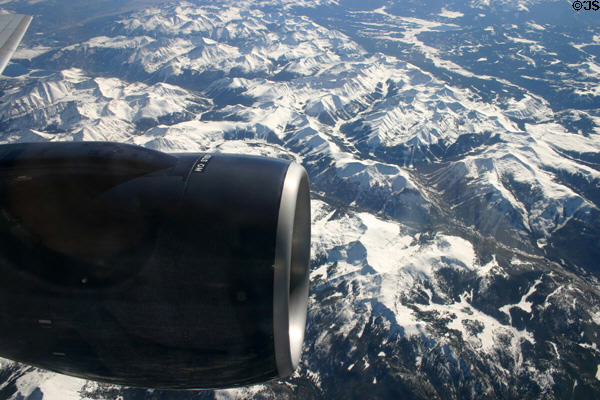Jet engine over Rocky Mountains. CO.