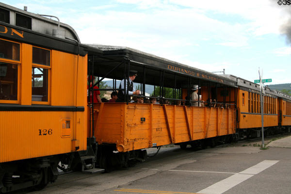 Durango & Silverton open passenger observation car. Durango, CO.
