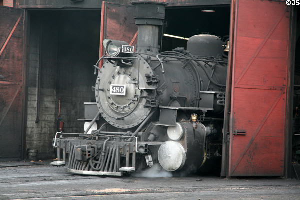 Durango & Silverton locomotive 480 emerging from roundhouse. Durango, CO.