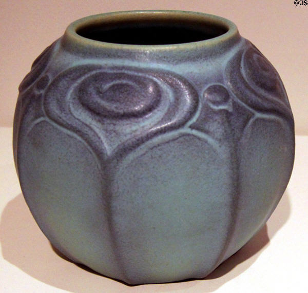Pottery bowl with peacock feathers (1903) by Artus Van Briggle at Colorado Springs Fine Arts Center. Colorado Springs, CO.