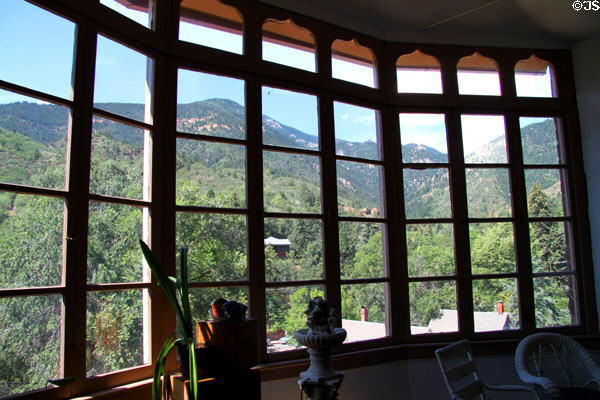 View out bay windows of Miramont Castle. Manitou Springs, CO.