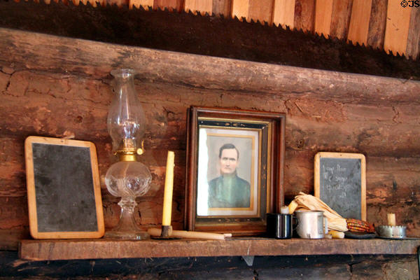 Interior of 1860's Galloway Homestead log cabin at Rock Ledge Ranch Historic Site. Colorado Springs, CO.