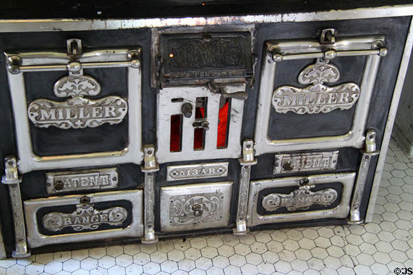 Miller cast iron kitchen range details at Orchard House at Rock Ledge Ranch Historic Site. Colorado Springs, CO.