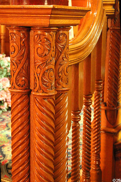 Entrance hall stairway newel post details at Rosemount House Museum. Pueblo, CO.