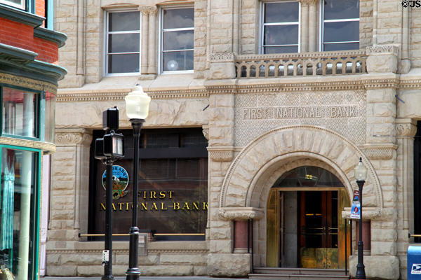 Romanesque Revival portal of First National Bank. Trinidad, CO.