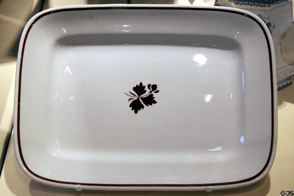 Ironstone pottery platter in tea leaf pattern (c1880) by Alfred Meakin of Staffordshire, England at Santa Fe Trail Museum. Trinidad, CO.