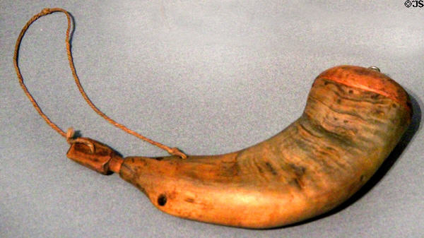 Priming powder horn (c1775) made from flattened sheep or goat horn at Henry Whitfield State Museum. Guilford, CT.