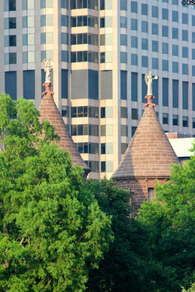 Towers of Hartford Civil War Memorial against skyscraper. Hartford, CT.