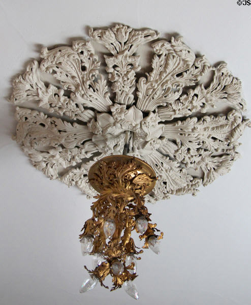 Plaster ceiling rondelle & electrical light fixture in medical office at Isham-Terry House Museum. Hartford, CT.