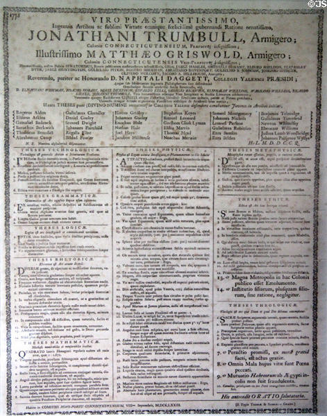 Broadside (1773) reporting graduating class of Yale including Nathan Hale at Nathan Hale Homestead Museum. Coventry, CT.