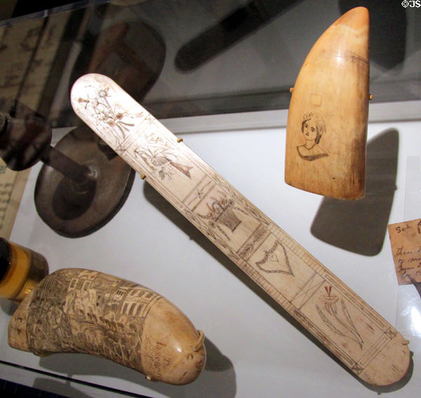 Whale scrimshaw carvings at Connecticut Historical Society. Hartford, CT.