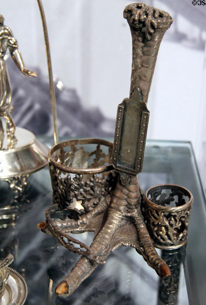 Cigarette & match holder in shape of bird's foot (1884-94) by Hartford Silver Co. at Connecticut Historical Society. Hartford, CT.