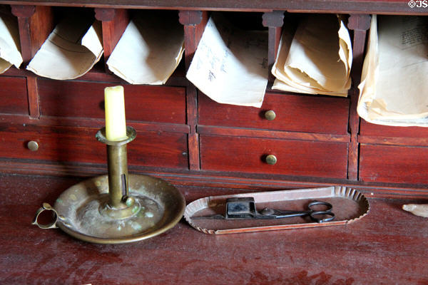 Adjustable candlestick & wick trimmer at Noah Webster House. West Hartford, CT.