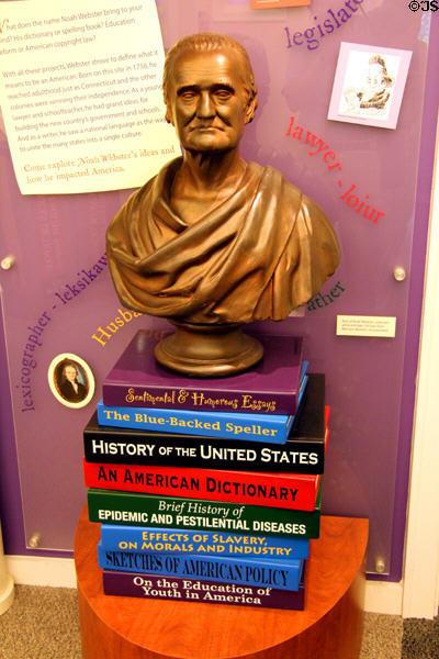 Display to American lexicographer Noah Webster showing his books at Noah Webster House. West Hartford, CT.