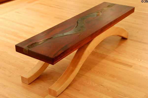 Bench with curved designs at New Britain Museum of American Art. New Britain, CT.