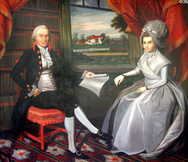 Painting of Oliver Ellsworth, framer of United States Constitution, & wife Abigail Wolcott with their house in window by Ralph Earle at Oliver Ellsworth Homestead Museum. Windsor, CT.