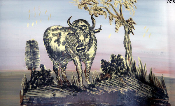 Detail of cow painting on mirror which belonged to Ellsworth family at Oliver Ellsworth Homestead Museum. Windsor, CT.