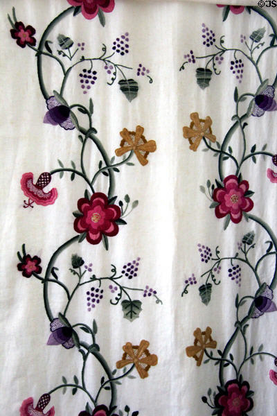 Details of modern embroidered bed canopy at Oliver Ellsworth Homestead Museum. Windsor, CT.