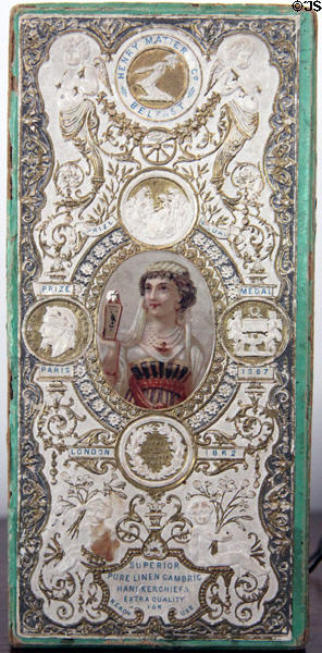 Linen handkerchief box (c1867) by Henry Matier Co. of Belfast with International Exposition medals at Oliver Ellsworth Homestead Museum. Windsor, CT.
