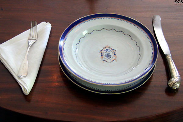 Place setting on dining room table at Phelps-Hathaway House. Suffield, CT.