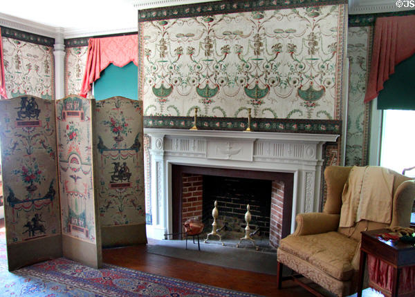 Upstairs master bedroom with original wallpaper at Phelps-Hathaway House. Suffield, CT.