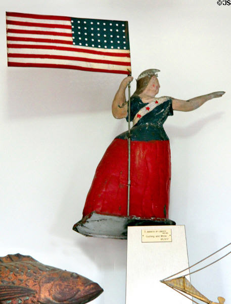 Goddess of Liberty weather vane with 45 star American flag by Cushing & White at Phelps-Hathaway House. Suffield, CT.