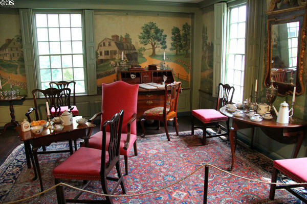 Various early American antiques & Nutting murals in parlor at Joseph Webb House. Wethersfield, CT.
