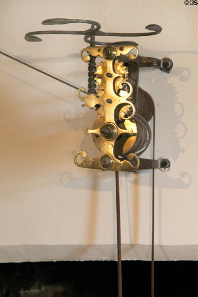 Clockwork roasting spit mechanism in kitchen at Silas Deane House. Wethersfield, CT.