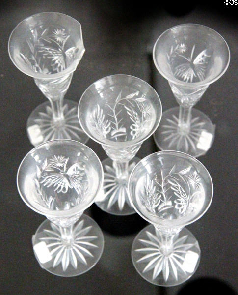 Glass stemware with butterflies cut in Deep River at Deep River Museum. Deep River, CT.
