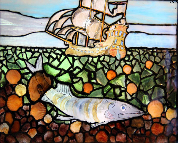 Stained glass with fish & ship at Gillette Castle State Park. East Haddam, CT.
