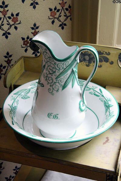 Wash basin & pitcher marked FG in Art Colony bedroom at Florence Griswold Museum. Old Lyme, CT.