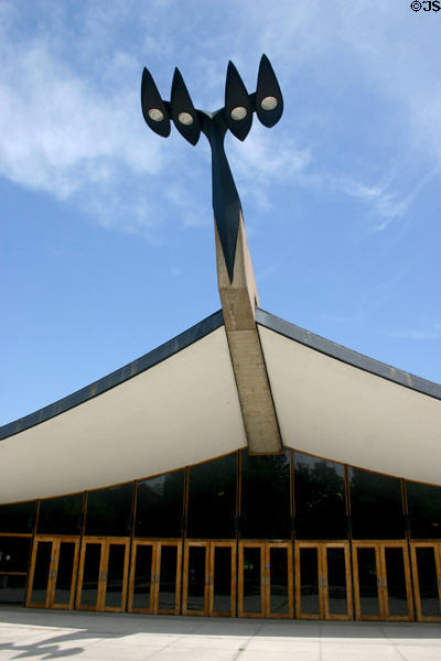 Overhanging light fixture of Ingalls Rink entrance. New Haven, CT.