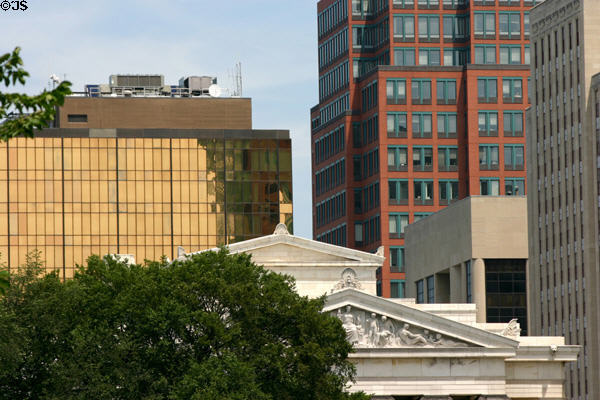 Copper colored 234 Church Street (1971) + red One Century Tower (1990) (265 Church St.) over Beaux Arts superior courthouse. New Haven, CT. Architect: Cesar Pelli.
