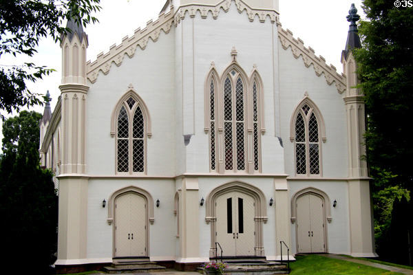 Gothic Revival facade details of Trinity Episcopal Church. Southport, CT.