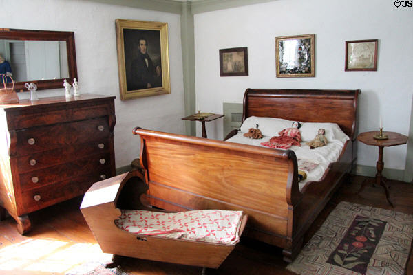Sleigh bed & cradle in bedroom at Denison Homestead Museum. Stonington, CT.