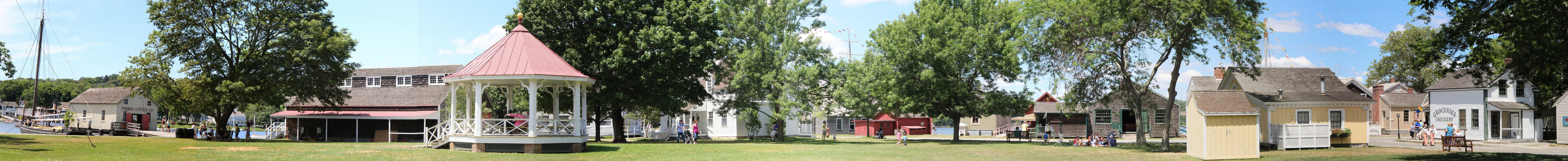 Panorama of village green at Mystic Seaport. Mystic, CT.