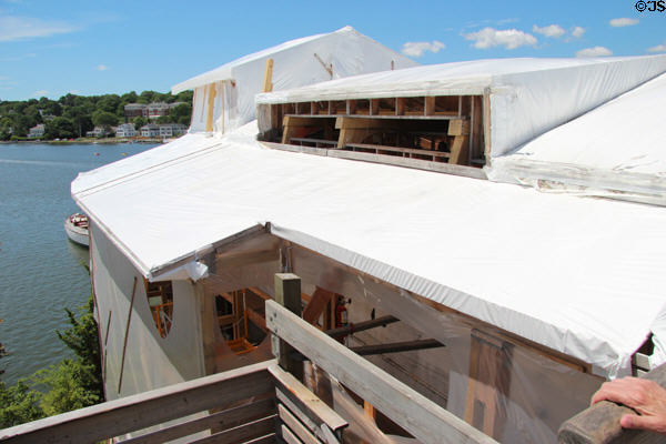 Charles W. Morgan wooden whaleship (1841) under cover for restoration at Mystic Seaport. Mystic, CT.