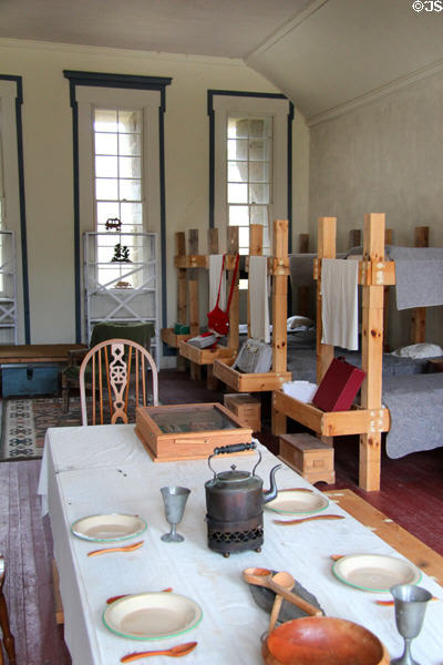 Engineering bunkroom with tea kettle on table at Fort Trumbull State Park. New London, CT.