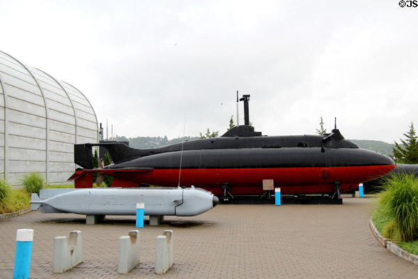 Small subs displayed before Submarine Force Museum. Groton, CT.