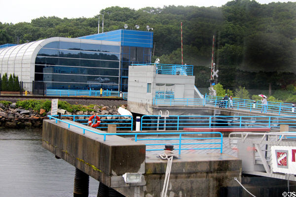 Submarine Force Museum seen from Thames River. Groton, CT.