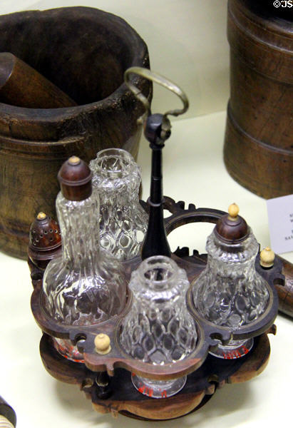 Wood & glass cruet stand at Monument House Museum. Groton, CT.