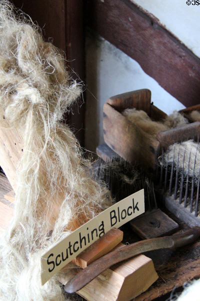 Scrutching block, used to break flax fibers, at Judson House. Stratford, CT.
