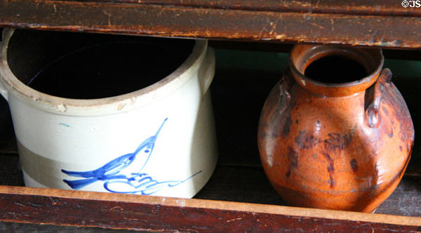 Stoneware & redware crock in Rider House at Danbury Museum & Historical Society. Danbury, CT.