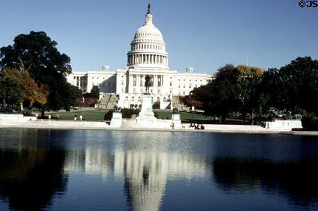 Reflecting pool (1976) mirrors Capitol Hill & was built to cover underground freeway. Washington, DC. Architect: Skidmore, Owings & Merrill.