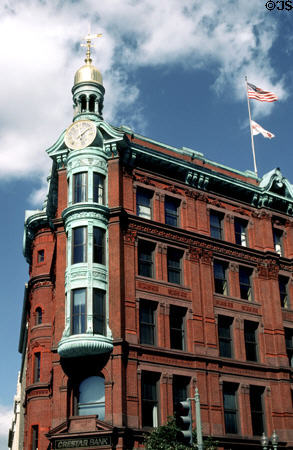 Sun Trust / National Safe Deposit, Savings & Trust Co. Bank (1888) (719 15th St. NW) with gold-domed corner turret over red brick & terra cotta. Washington, DC. Architect: James Windrim.