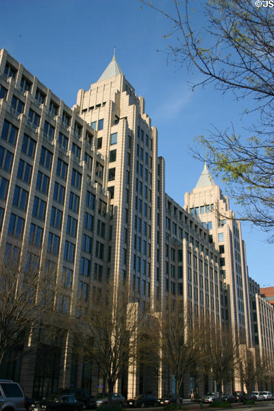 Modern building with two spires fills 1300 block of K St. Franklin Square. Washington, DC.
