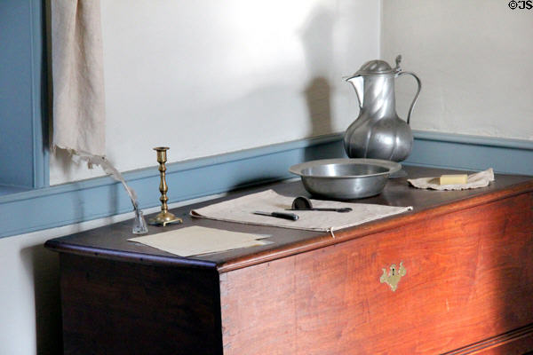 Pewter basin & pitcher on chest at Old Stone House. Washington, DC.